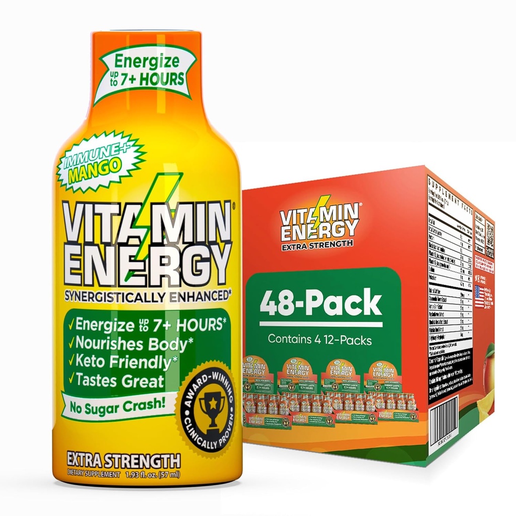 Witamina Energy Immune + Extra Siła Energy Shot Mango 48 Pack, 260mg Naturalna kofeina, Witaminy B-, Citicolina, Zielona herbata, Immunitet i Focus Support, Zero cukru, Gluten- Free 1.93 fl oz