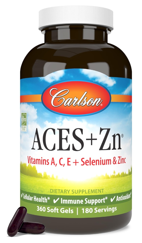 Carlson - ACES + Zn, Witaminy A, C, E + Selenium i cynk, Multiwitamina z cynkiem, Zdrowie komórkowe i wsparcie immunologiczne, Selenium Multivitamina, Przeciwutleniacz, 360 Softgels