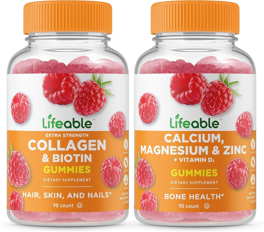Żywy Kolagen & Biotin + Wapń, Magnez, Cynk i Witamina D, Gummies Bundle - Great Desting, Suplement witaminy, Gluten Free, GMO Free, Gummy do żucia