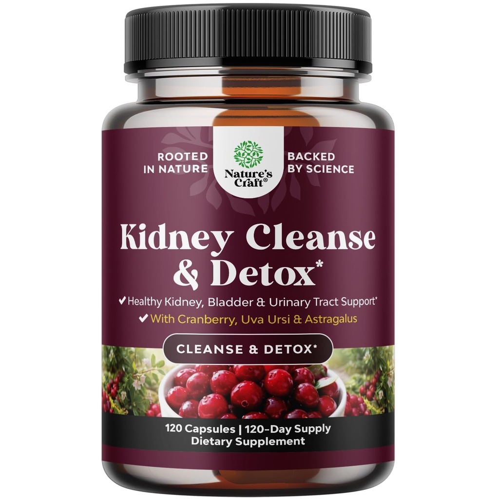 Advanced Nerki Supplement Supplement - Nerki Cleanse Detox & Naprawa Cranberry Extract Kapsułki z Uva Ursi, Stinging Nettle & Astragalus dla zdrowia Nerki - Trakt moczowy Zdrowie - 120 Czapki