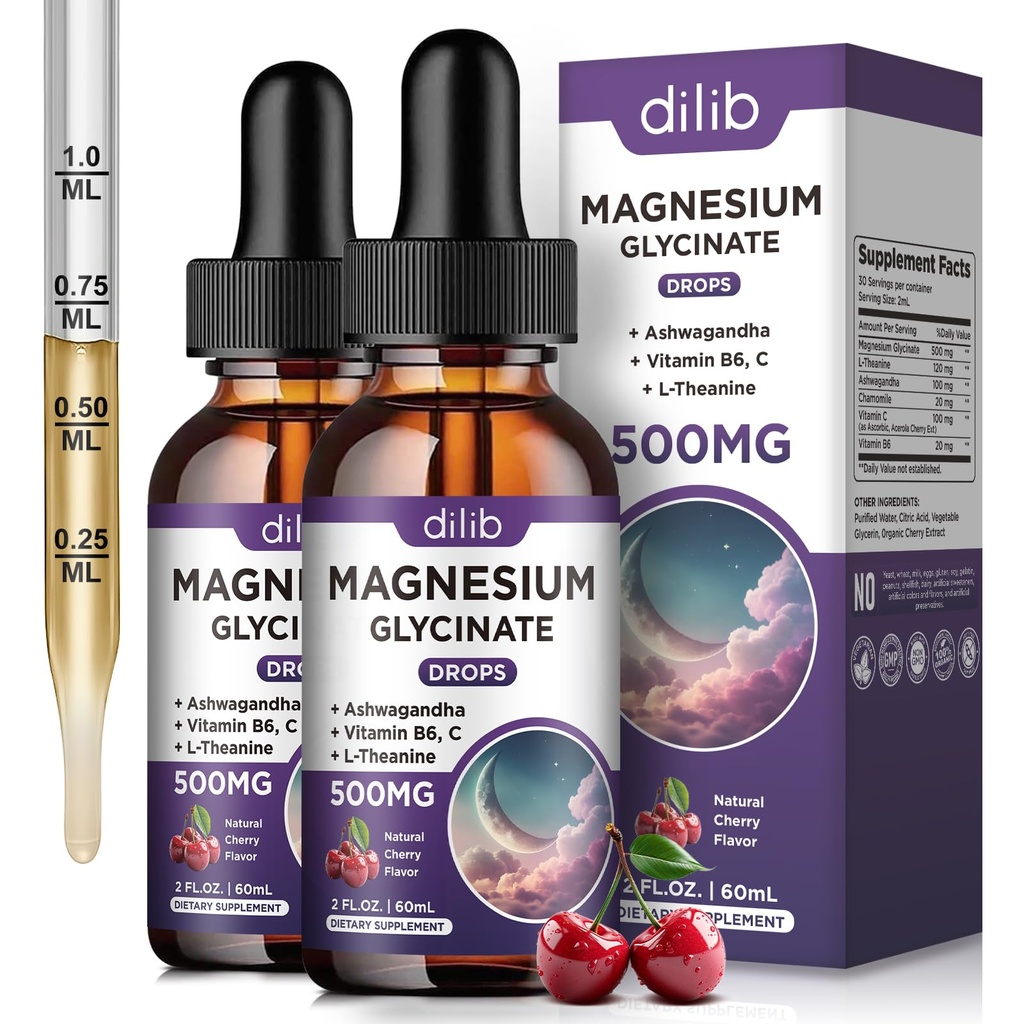 (2 opakowania) Magnezu Glicynian płynny krople 500mg, z witaminą B6, Ashwagandha, L - Theanina, Rumianek, Magnezu Glicynian Suplement Wysokiej Absorpcji dla snu, Stres, Mood energii - Cherry Flavor