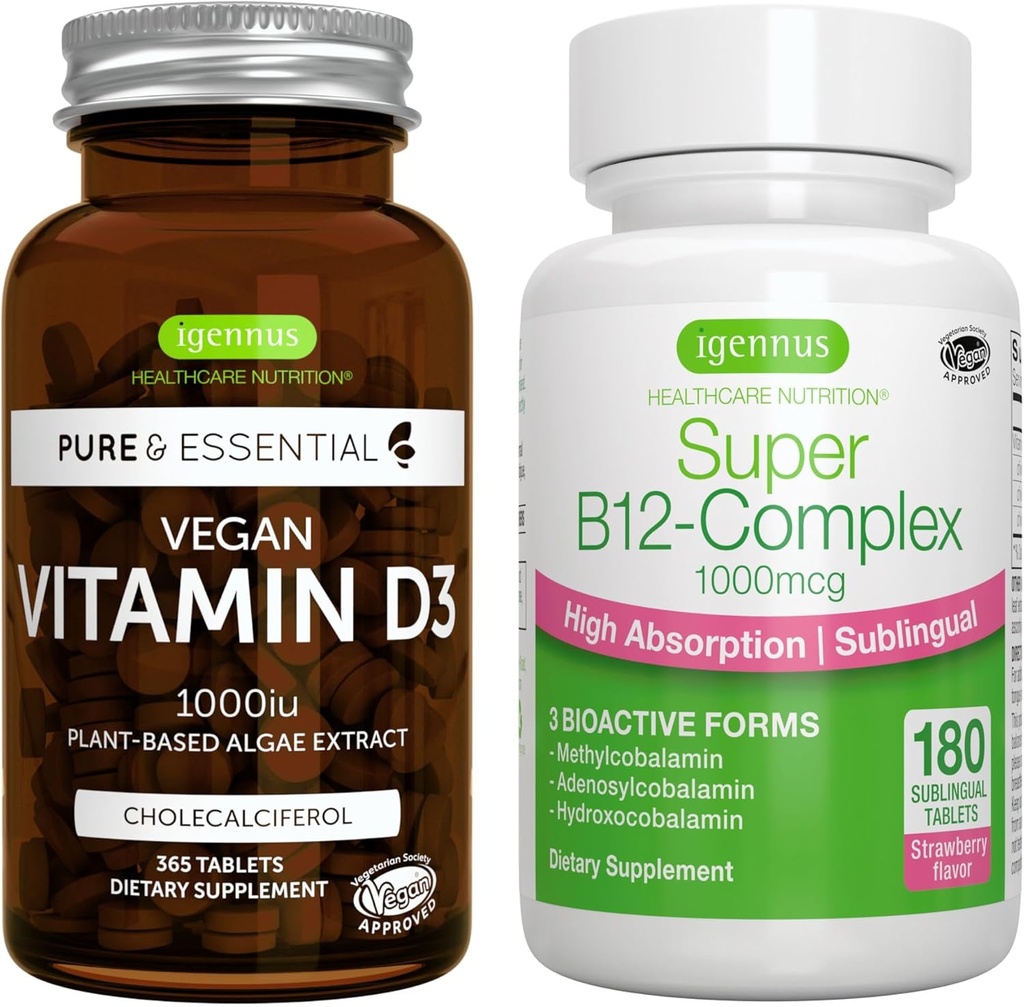 Wegańska witamina D3 + Super B12- Complex, Wegańska paleta, 365 1000iu Witamina D3 Tabletki + Wysoka Absorpcja Podjęzykowy B12, przez Igennus