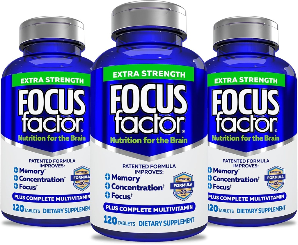 Focus Factor Dorośli Extra Siła, 120 Count- Suplement Mózgu do Pamięci, Koncentracja, Skupia- DMAE, Witamina D, DHA- Suplement do Zdrowia Mózgu - Zaufane Witaminy Mózgu, Pigułki Focus (3 Pack)