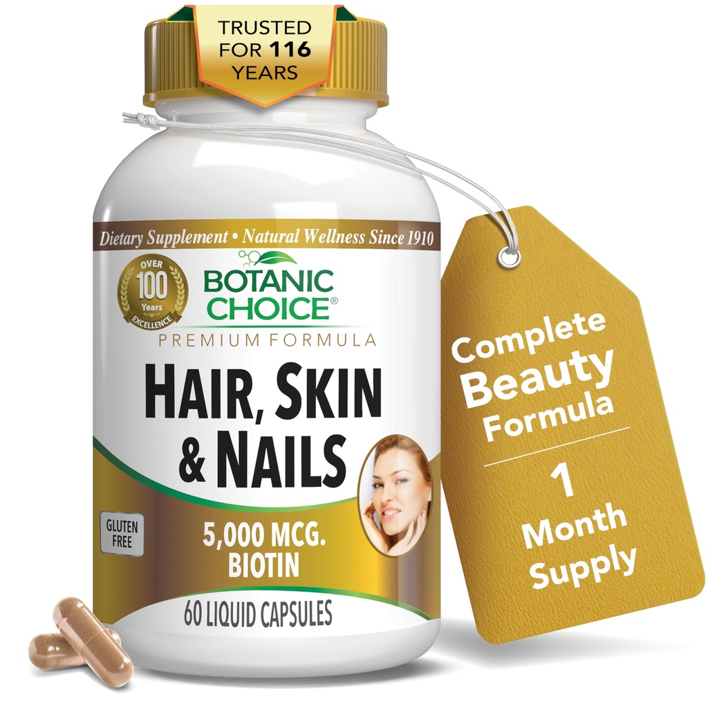 Botaniczny wybór skóry i paznokci Witaminy - Suplement Biotin z Collagen, Witamina C, & Żelazo - Super przeciwutleniacz Mieszanka z oleju arganowego i kwasu hialuronowego - 60 Kapsułki płynne