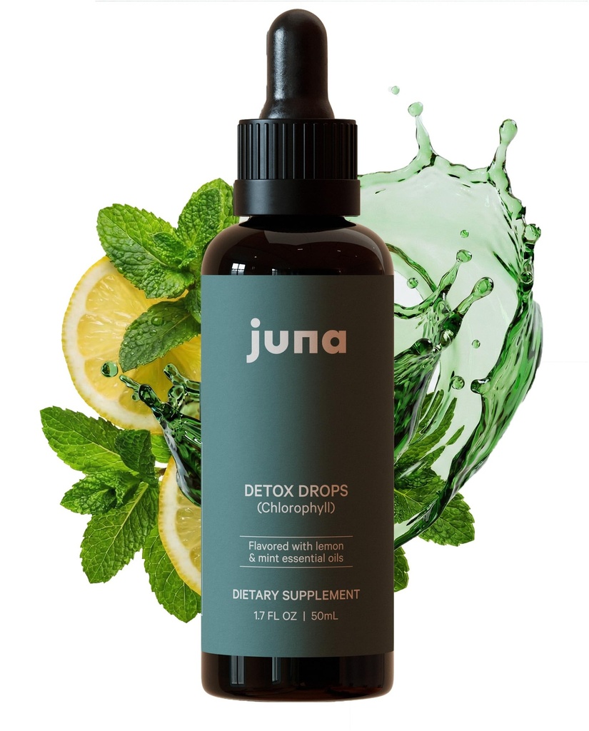 Juna Chlorofil Płynne Krople, 3X Stężenie potencji - Detox, Debloat, Czyszczenie, Dezodorant wewnętrzny, Energia i Suplement wsparcia komórkowego - Świeże Minty Lemon Taste