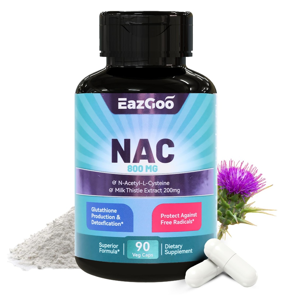 Suplement NAC, Kapsułki N- Acetylo Cysteina 800mg, Suplement N- Acetylo z mlekiem Thistle 200mg, Wsparcie przeciwutleniające, Wegańskie, wolne od GMOs, NaC 90 Count (Opakowanie po 1)