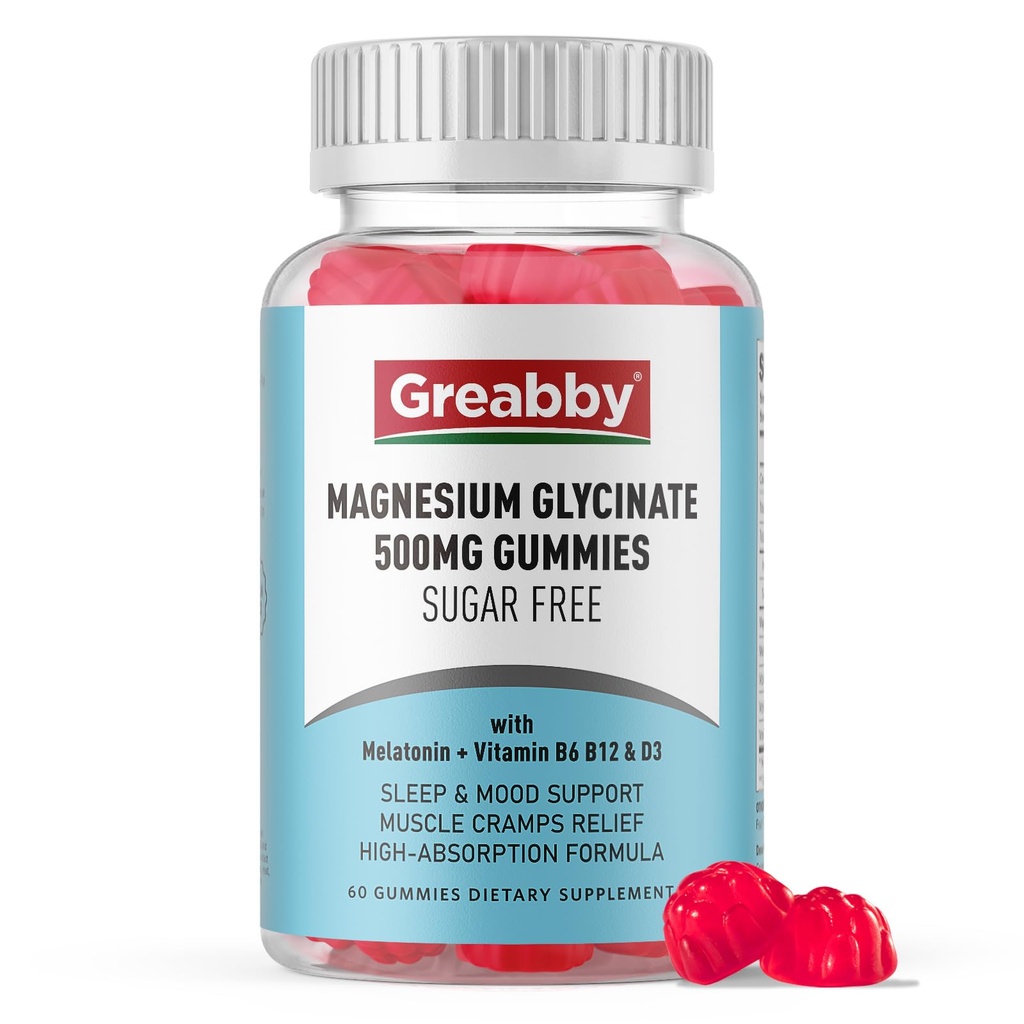 Glucynian magnezu 500 mg dla dorosłych Wsparcie snu, Gummies magnezu do żucia dla kobiet i mężczyzn, Relief mięśni i dostaw magnezu (60 Gummies)