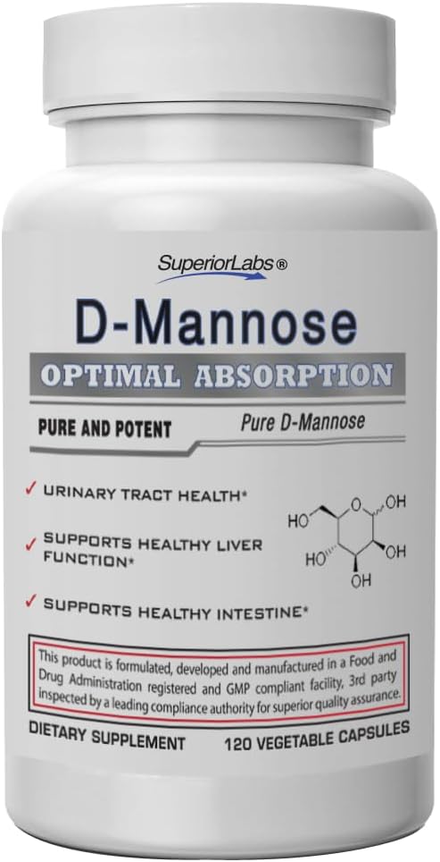 Superior Labs D- Mannose 500 mg, Pure Non-GMO Optimal Absorption Prebiotic, Trakt moczowy, Bladder & Nerki UTI Wsparcie, Digestive & Liver Health Aid, IC Relief for Women & Men, 120 Veg Caps