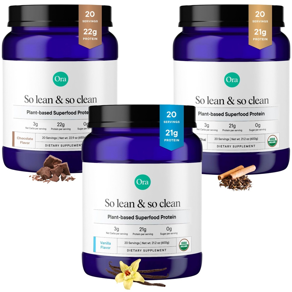 Ora Organic Protein Powder Vanilla, Czekolada i Wanilia Chai Bundle: 21g Roślina na bazie, Wanilia, Wanilia Chai, 20 Słupki + 22g Roślina na bazie, Czekolada, 20 Słupki