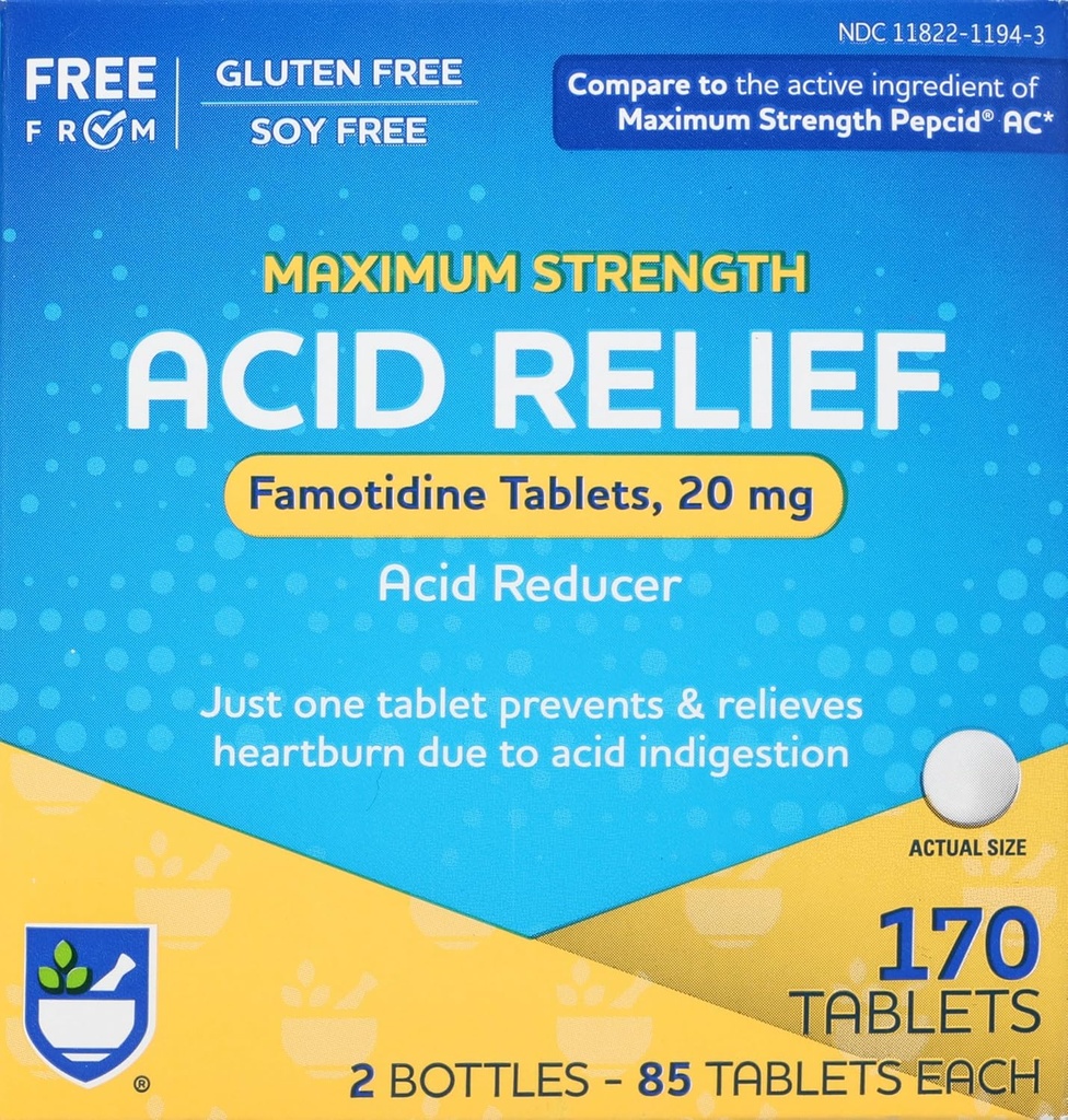 Rite Aid Acid Reducer, Maksymalna moc Famotydyna Tabletki, 20 mg - 2 Butelki, 85 Count Each (170 Count Total)