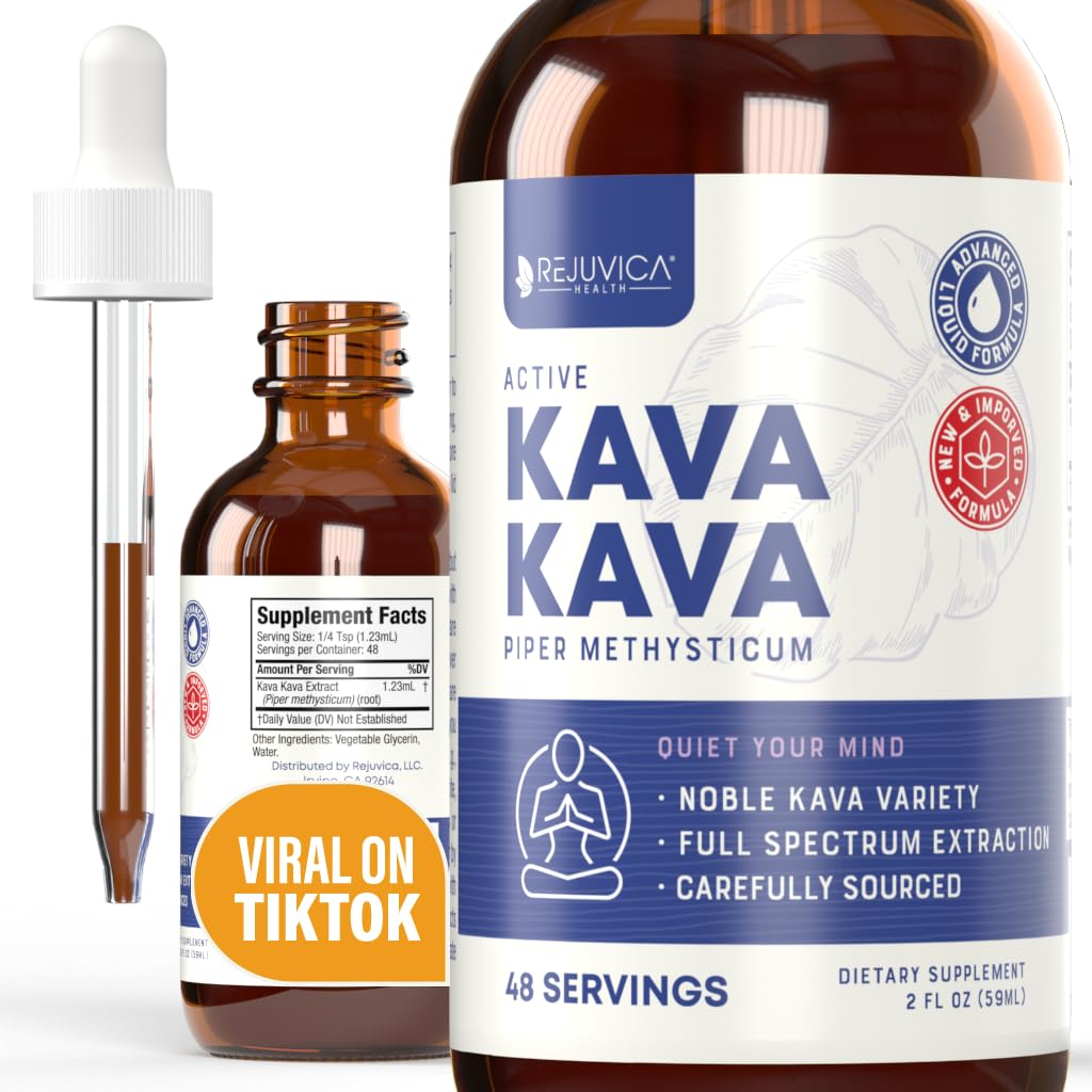 Rejuvica Health Kava Kava Kava Root Extract Supplement - Active Kava Kava - Pothent Relaxation & Calm - Liquid Extract - Piper Methysticum - Noble Variety - Natural Occurring Kavalactones - 48 Servings