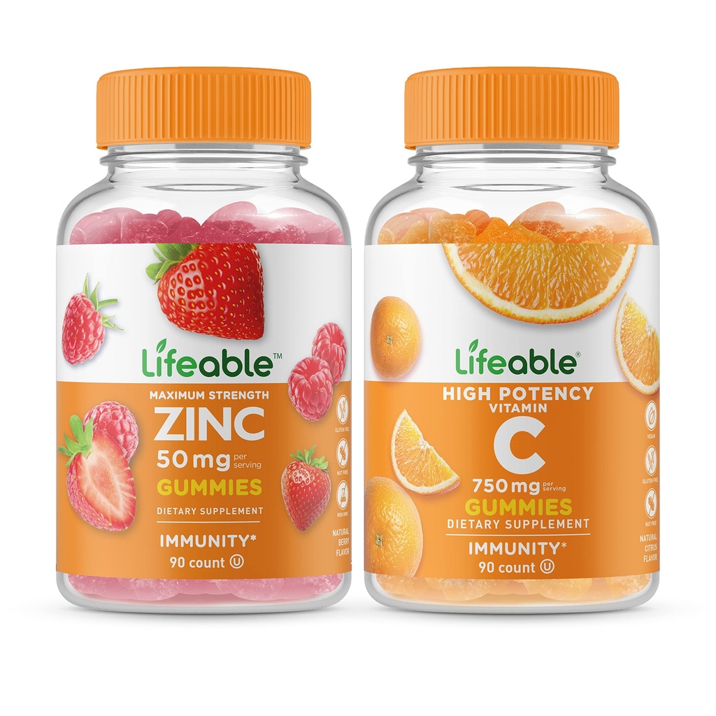 Żywy Cynk 50mg + Witamina C 750mg, Gummies Bundle - Great Desting, Suplement witaminy, Bez glutenu, Bez GMO, Gummy do żucia