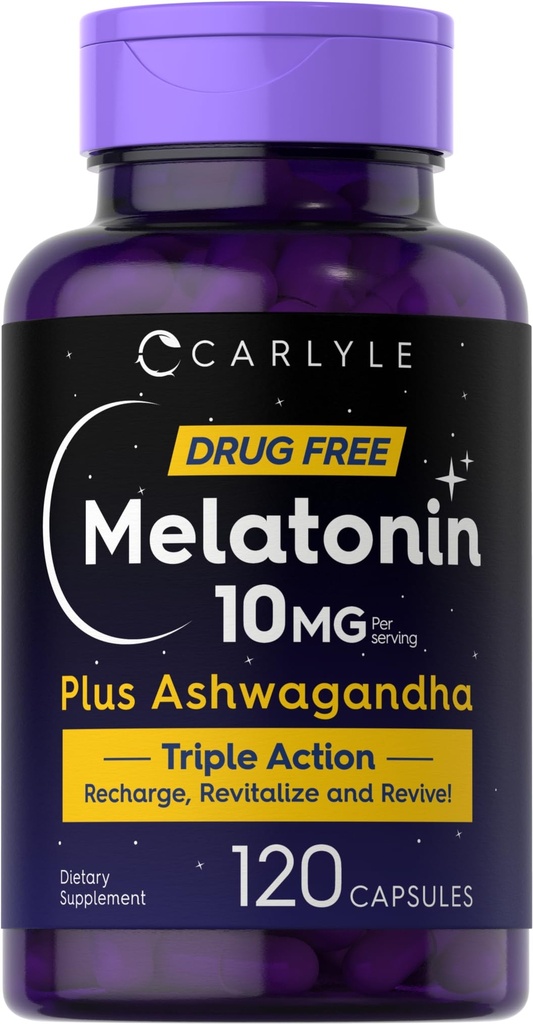 Carlyle Melatonin 10mg | 120 Capsules | with Ashwagandha | Triple Strength Formula | Non-GMO, Gluten Free Supplement