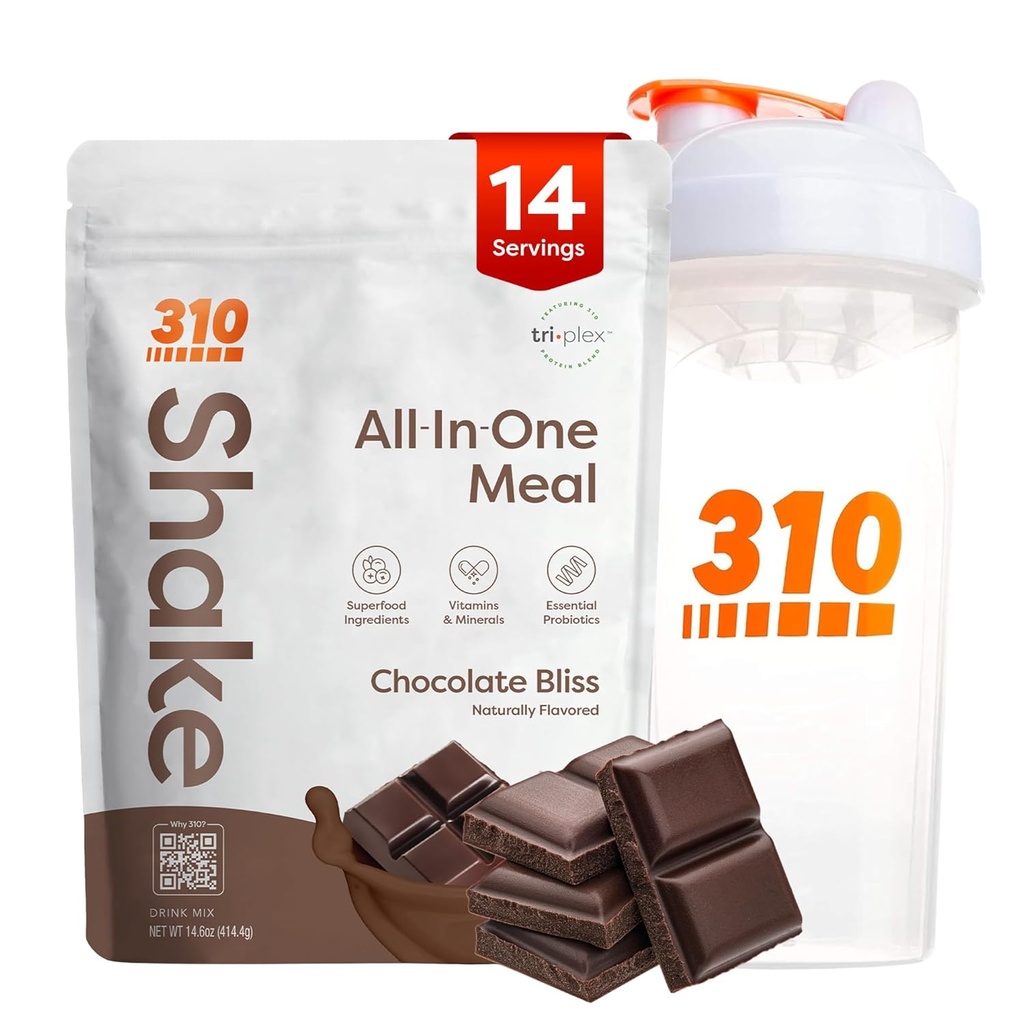 310 Nutrition All- in- One Meal Replacement Shake Powder w / Shaker Cup Starter Kit - Wysokie białko włókno bogaty Wegan Superfood Mieszanka - Sugar- Free, Keto & Paleo Friendly, Low Carb - Czekolada Bliss 14 srv