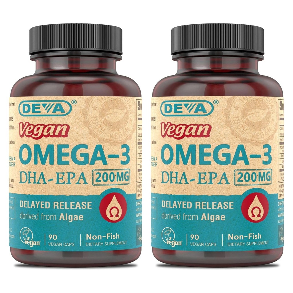 DEVA Vegan Omega-3 DHA- EPA, z Micro Algae, Opóźnione uwolnienie, 90 Kapsułek wegańskich (opakowanie po 2)