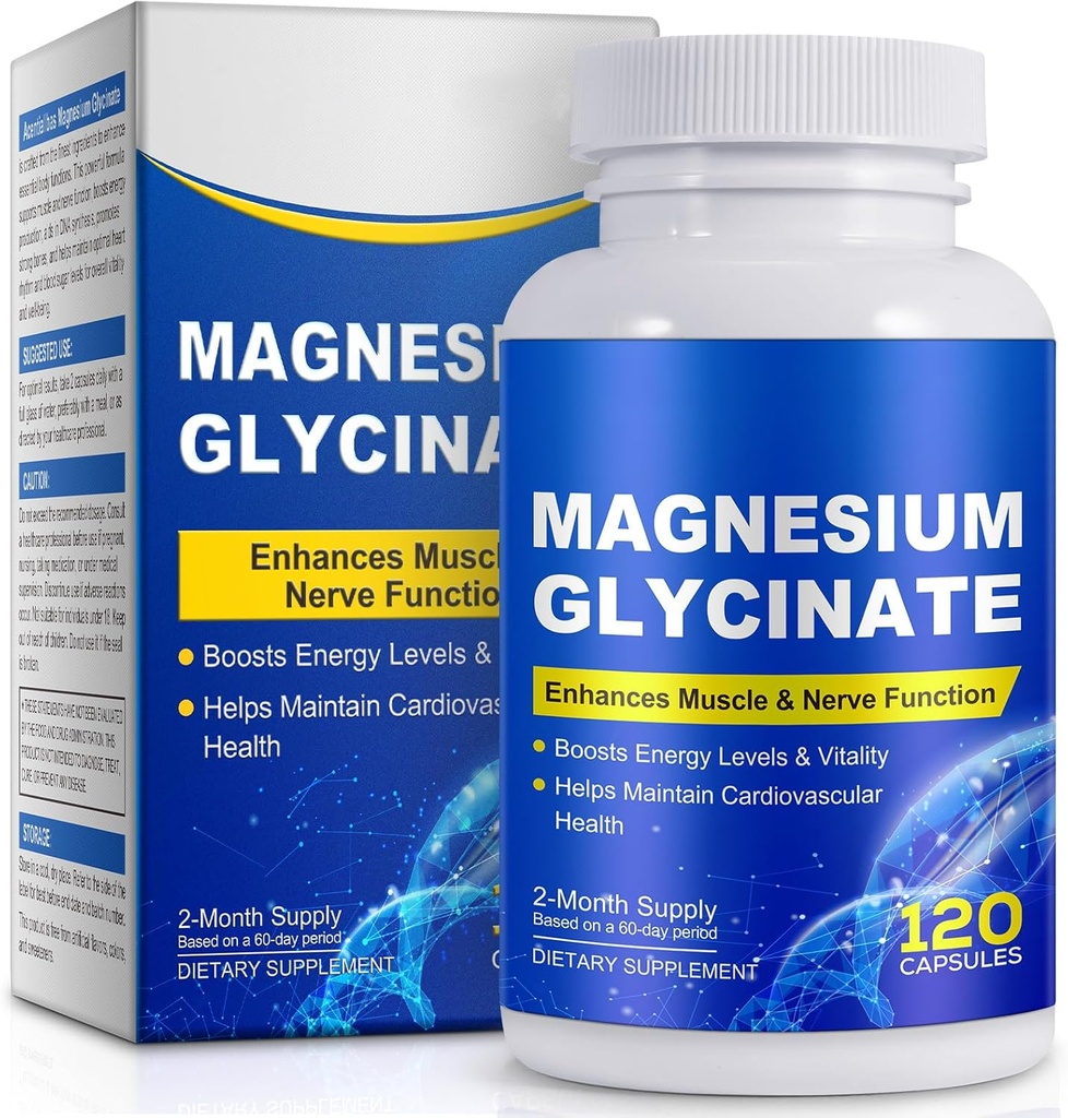 Magnezu Glicynian do snu, nastrojów, mózgu, Wysokiej Absorpcji 120 Suplement Capslues, Magnezu elementarnego z 100 mg wapnia - Wysoko Biodostępny - z witaminą D3 & K2