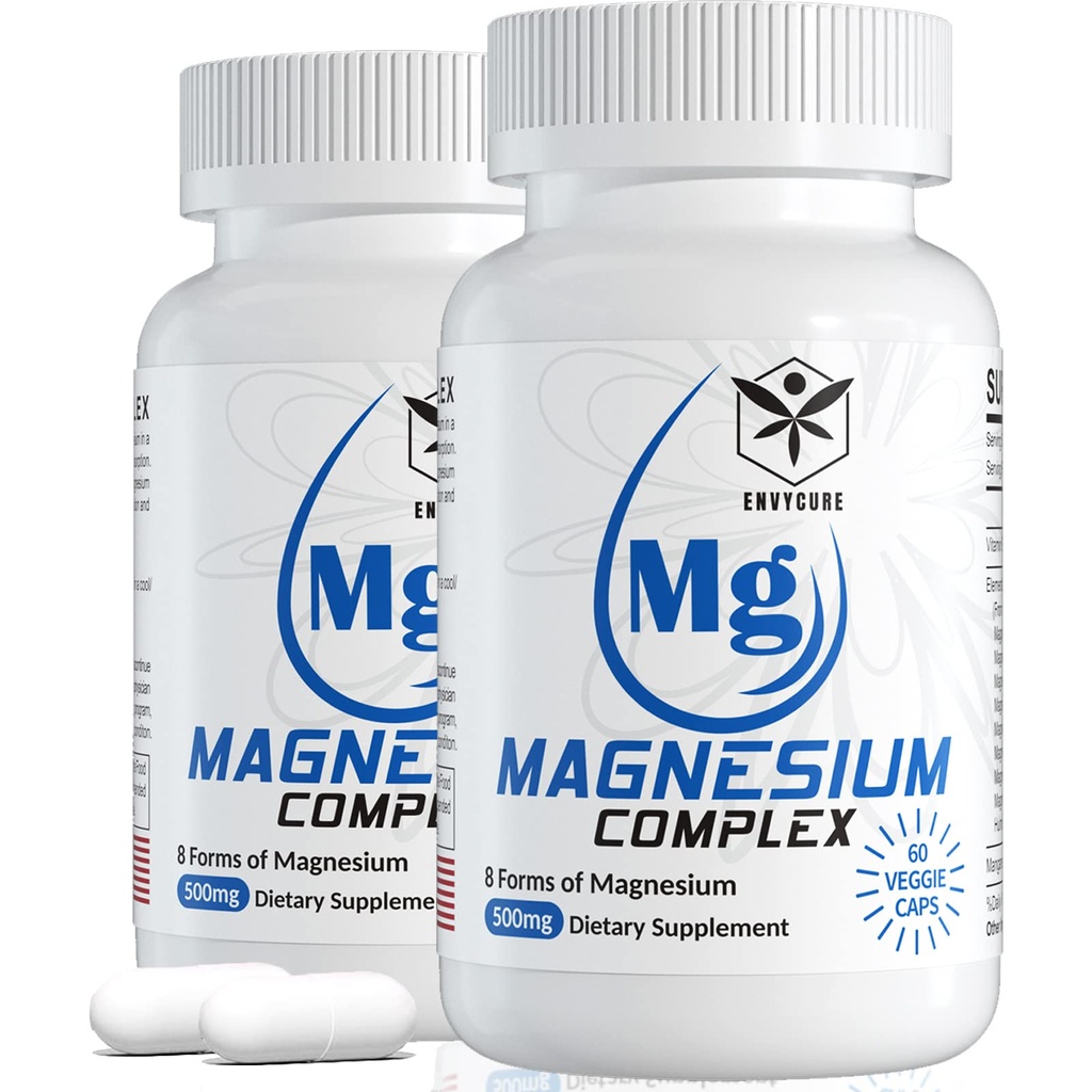 Magnezu Complex Supplement 8 Forms, 500 mg Magnezu glicynian, jabłczan, cytrat, Wysoka Absorpcja Mg dla uspokojenia, snu, nastrojów i zdrowych mięśni, Opakowanie 2, Razem 120 Kapsułki wegańskie