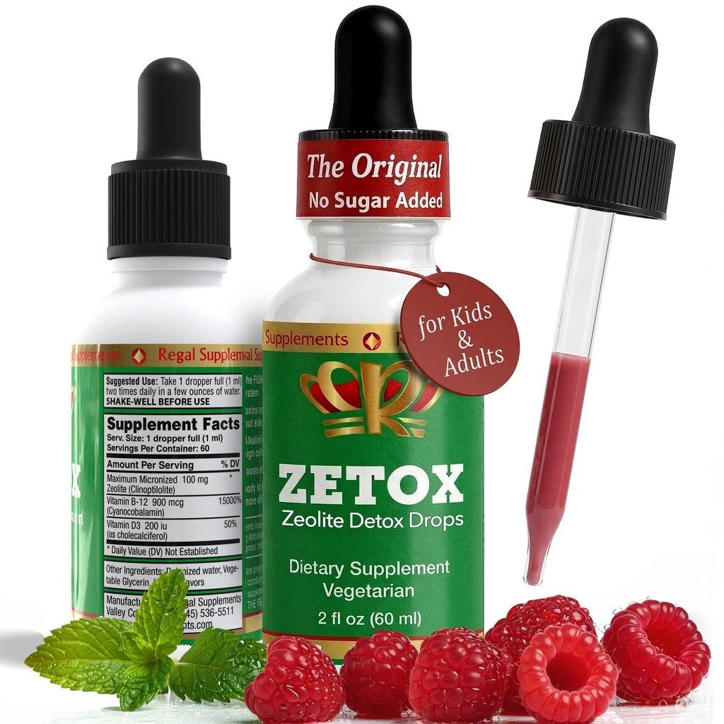 Zetox 124; Detox zeolitowy dla dzieci i dorosłych 124; Wzmocniony witaminą metylową B12 i D3 124; Premia klasy ciecz Klinoptylolite Zeolite Drops 124; Wspomaga delikatne codzienne detox, Energia i Focus (60 Sług)