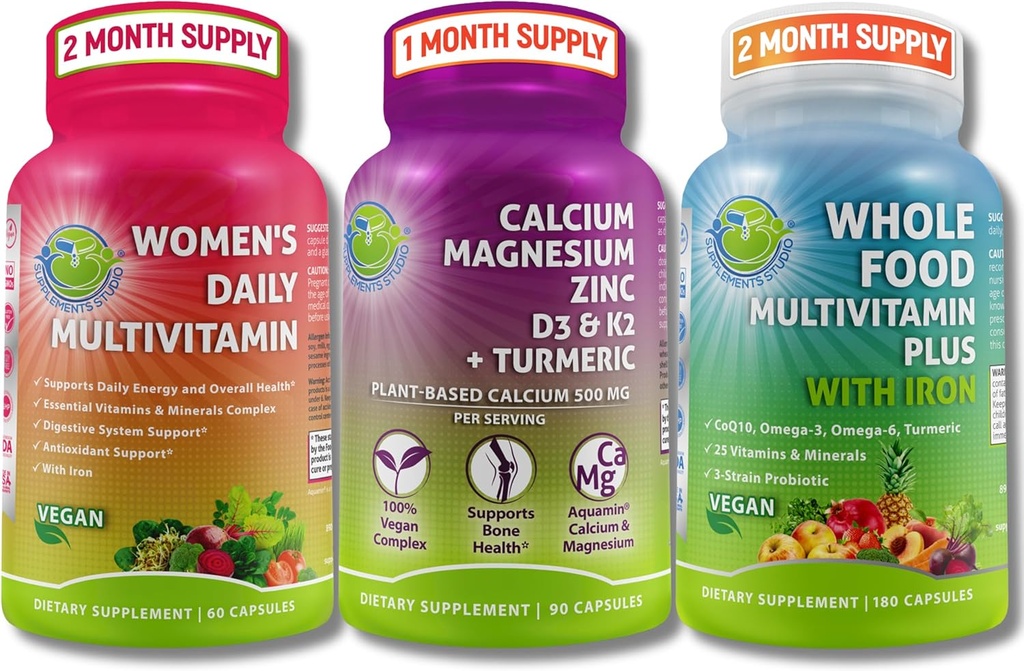 Wegańskie multiwitaminy i trio- cała żywność Multiwitamina z żelazem + Daily Multivitamine kobiet z wapniem na bazie żelaza + Plant, Magnezu, cynku, D3, K2 & Turmeric - Energia, kości i wsparcia immunologicznego