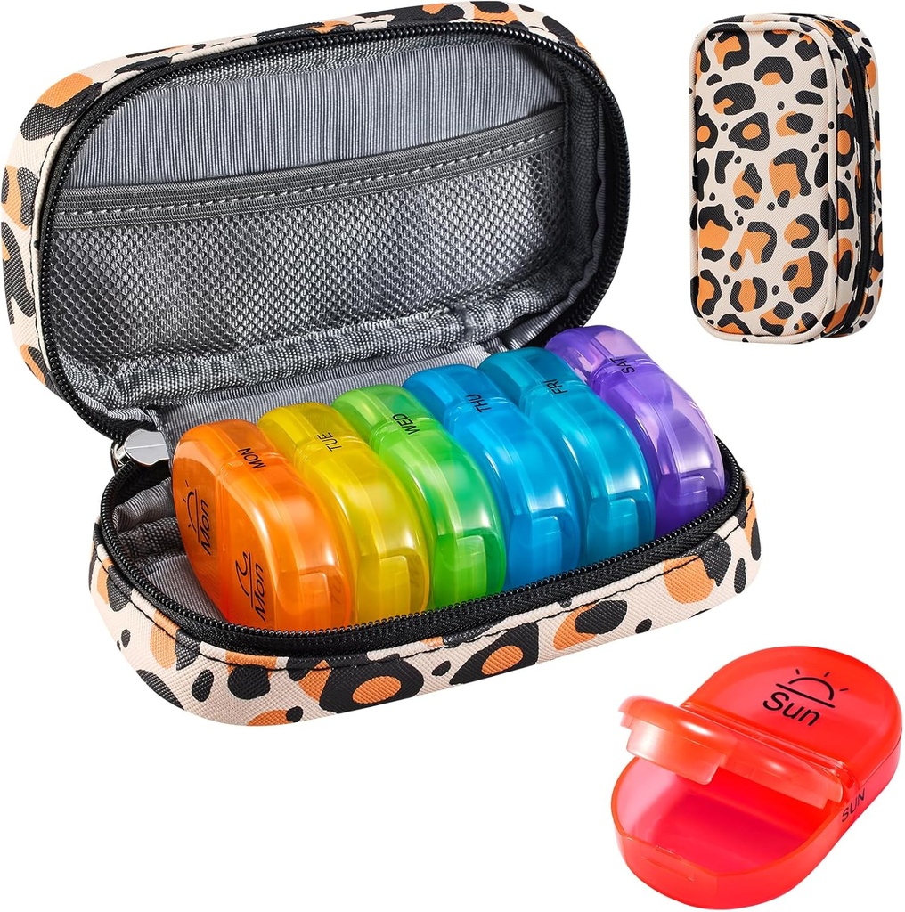 Serfeymi Cotygodniowy Travel Pill Organizator 2 razy w ciągu dnia PM Zmodernizowany Rainbow Pill Box 7 Dzień z przenośnym Zipper PU Leather Pill Case, Medicine Organizer for Pills, Witaminy, Oleje rybne - Brown 02