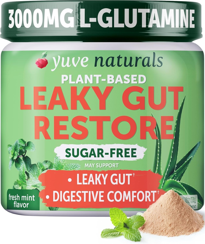 Yuve Gut Health Restore, Wegan & Non-GMO Leaky Gut Suplementy naprawcze, Pomaga złagodzić wzdęcia, Heartburn, Zaparcia, Gaz & SIBO, z L- Glutamine, Lukrecja, & Aloe, Farmaceutyczne, 30 Służb