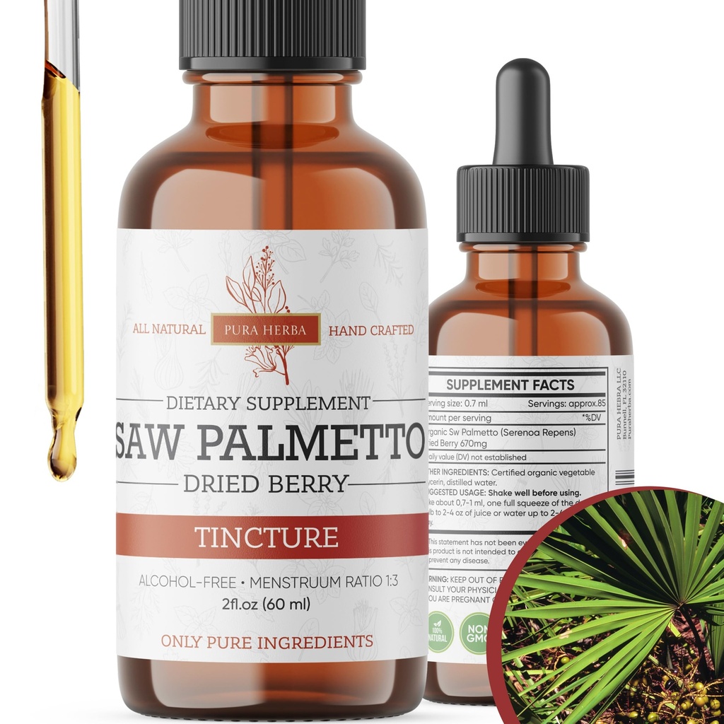 Pura Herba Saw Palmetto Tincture | Premium Alcohol-Free Herbal Extract from Saw Palmetto Berries | Liquid Botanical Supplement | Traditional Herbal Formula | Made in USA - 2 oz (60 ml)