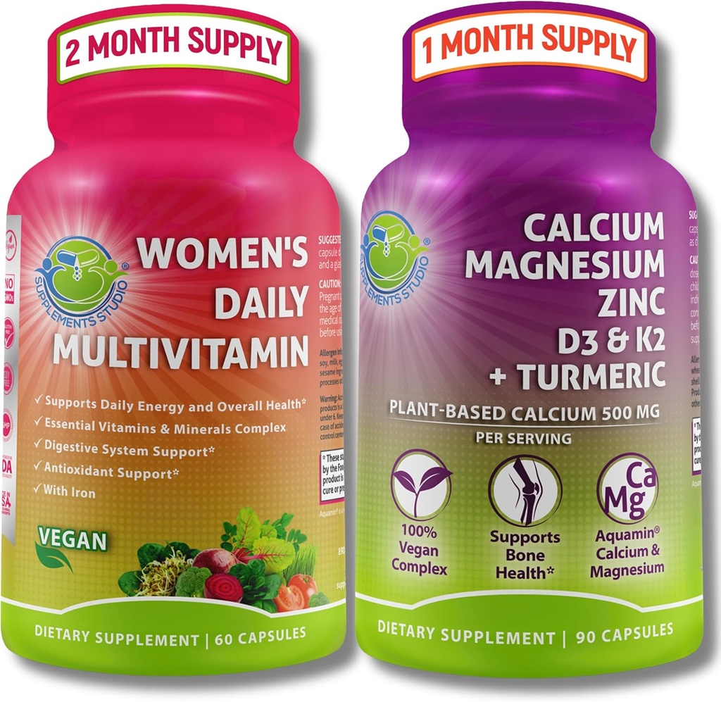 UZUPEŁNIANIE STUDIO Kompleksowe Wellness & Bone Health Bundle - Daily Multivitamine kobiet z żelazem + Plant Based Wapń, Magnez, Cynk, D3, K2 & Turmeric - Wegan, Non-GMO, Czyste składniki