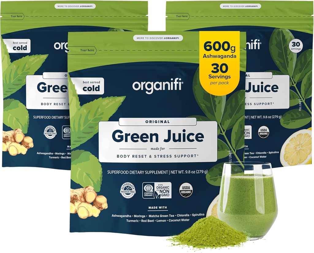 Organifi Green Juice - Organic Superfood Proszek - 90- Day Supply - Organic Vegan Zielonych - Pomaga zmniejszyć Cortisol - Zapewnia lepszą odpowiedź na stres - Wspiera kontrolę masy ciała - Total Body Wellness
