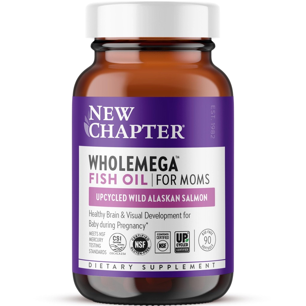 Nowy rozdział Wholemega dla Moms Fish Oil Supplement, małe kapsułki, 2000mg na serwowanie, Prenatal DHA z Omega-3 + Witamina D3 dla Prenatal i Poponatal Support, 500mg Każdy - 90 Count