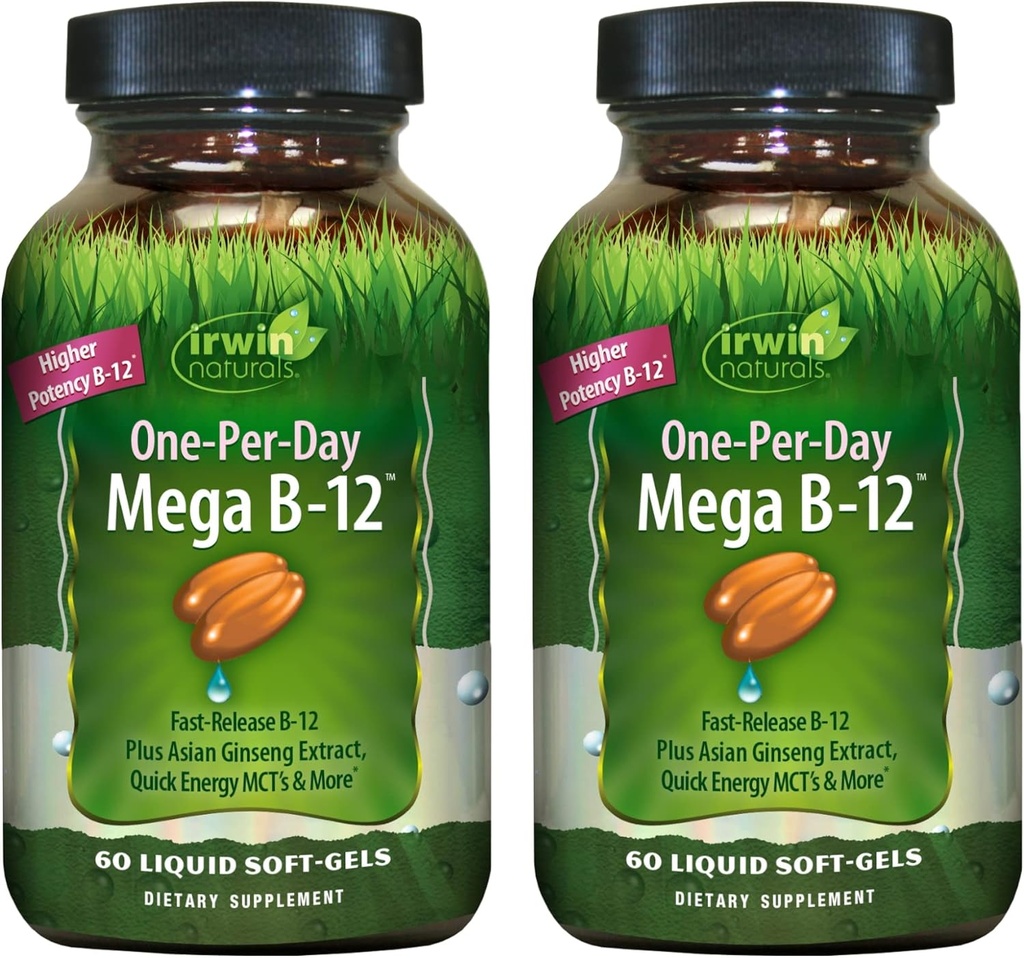Irwin Naturals One- Per- Day Mega B- 12 1,500mcg Witamina metylokobalaminowa - Szybkie zwiększenie wchłaniania z MCT + Asian Ginseng - Natural Energy Boost - 60 Softgels płynnych (Opakowanie 2)
