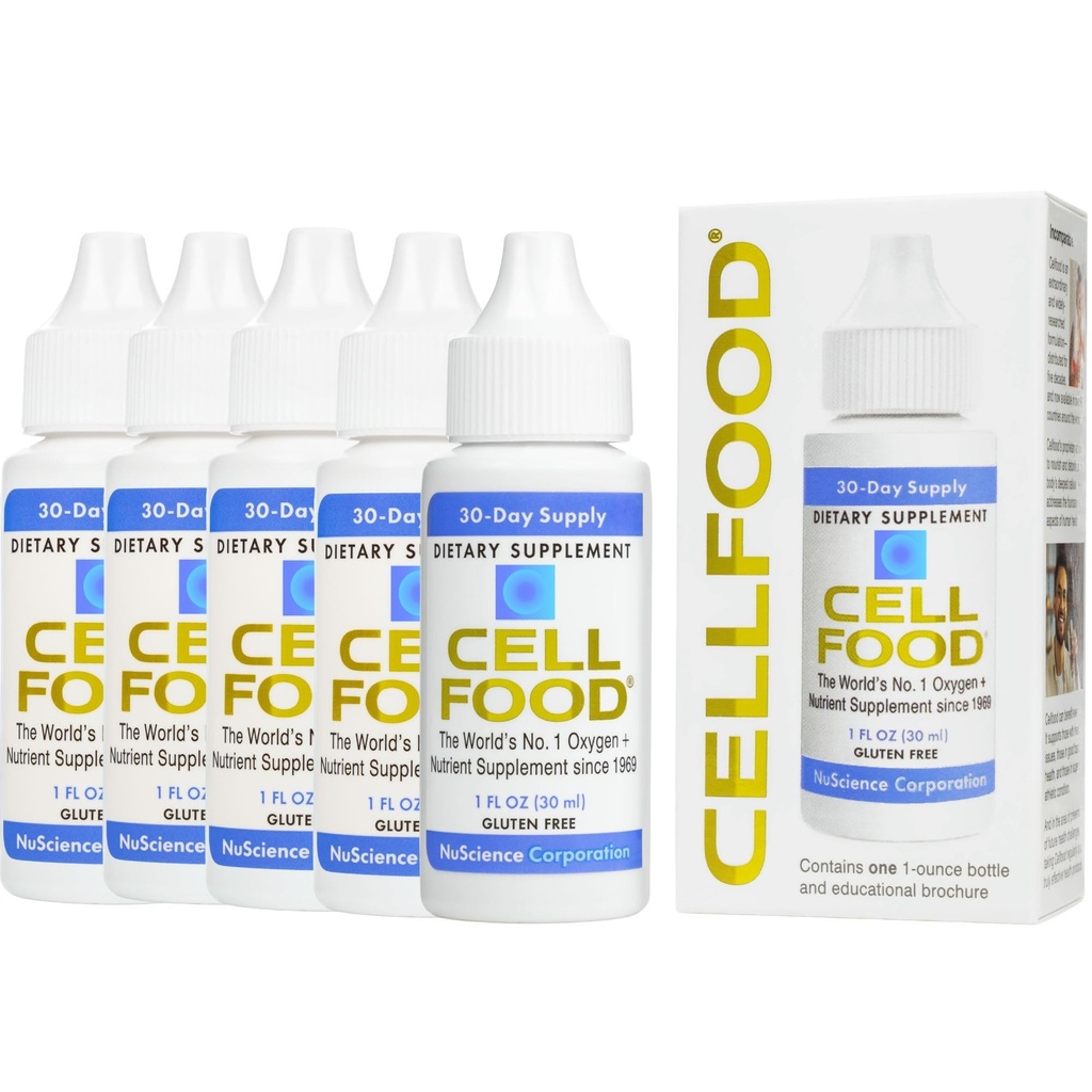 Cellfood Oxygen Boost - 1 fl oz, 5 Pack - Liquid Oxygen Supplement for Lymphatic Dreanage, Altitude Choroby, Jet Lag, Zmęczenie, Bóle głowy, Hangovers & Energy - Gluten Free, Cert. Kosher