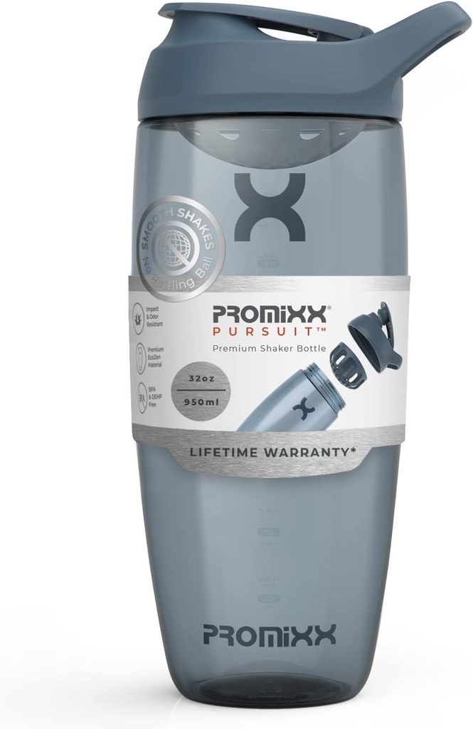 Promixx Pursuit Protein Shaker Bottle (32 oz) - Silent No- Ball Mixer, Leak- Proof Lid, BPA / BPS & Phthalate- Free ECOZEN - Easy- Clean Shaker Cup for Protein Shakes, Pre & Post- Workout Smoothies