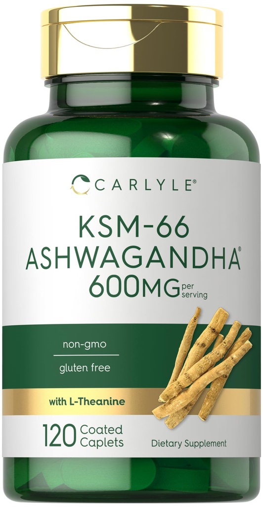 Carlyle KSM- 66 Ashwagandha 600mg XI124; 120 Caplets XI124; Extract Supplement with L- Theanine XI124; Vegan, Non-GMO, Gluten Free