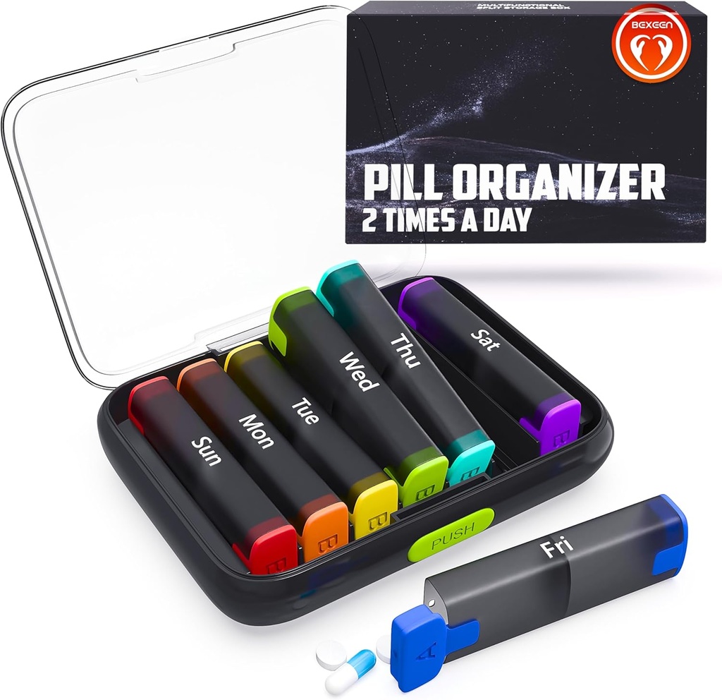 BEXEEN Cotygodniowy Pill Organizator 2 razy dziennie - Pill Box 7 Day Am Pm - Travel Medicine Organizator dwa razy dziennie Witamina Holder Przenośny Suplement Case Morning Night Med Dispenser Oddzielny pojemnik