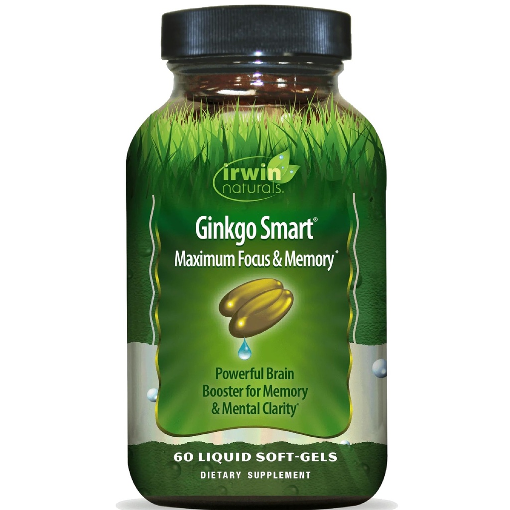 Irwin Naturals Ginkgo Smart Powerful Nootropic Brain Booster - Obsługuje maksymalną pamięć, Focus & Mental Jasność z DMAE, Clubmoss, Choline & Acetyl L- Karnityna - 60 Płynne Softgels