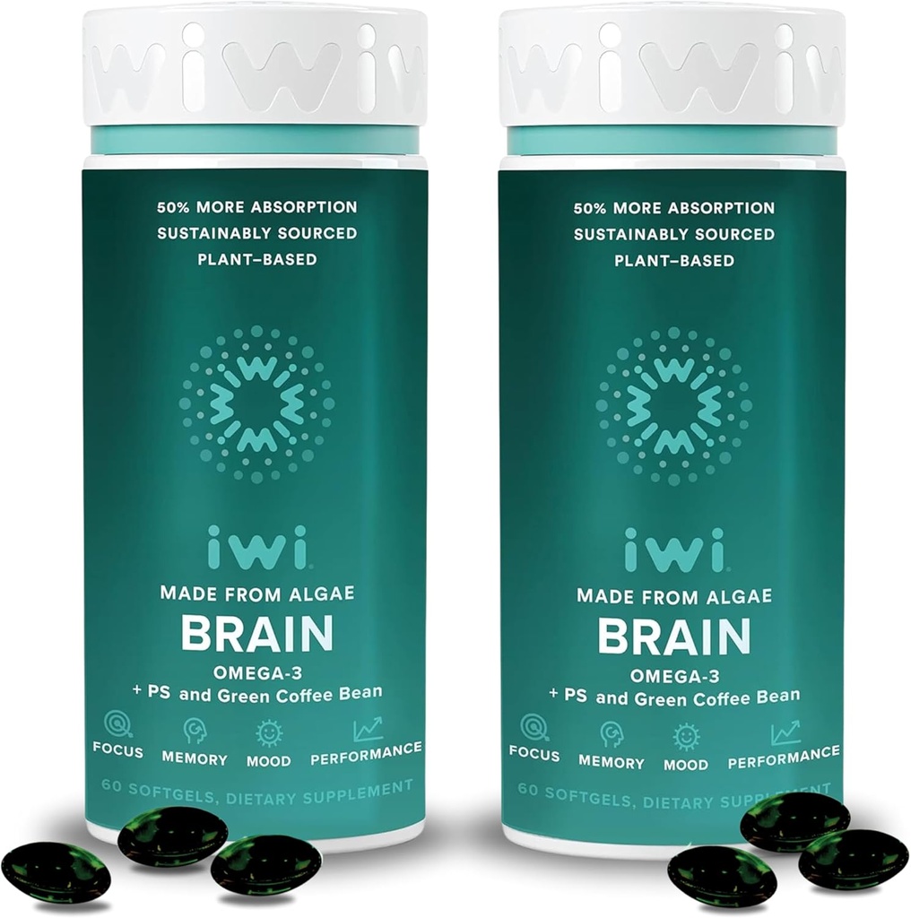 iwi life Brain Omega-3, 120 Softgels (60 Servings), Vegan Plant-Based Algae Omega-3 with EPA + DHA, Focus, Memory and Mood Support Dietary Supplement, Krill & Fish Oil Alternative, No Fishy Aftertaste