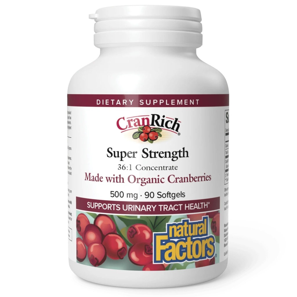 Cranrich by Natural Factors, Super Siła Koncentrat żurawinowy, Suplement przeciwutleniacz do wspomagania trakcji moczu, Non-GMO, 90 softgeli (90 porcji)