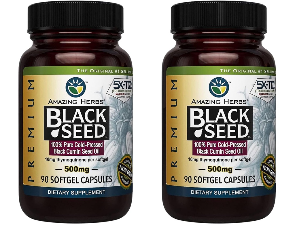 Niesamowite Herbs Premium Black Seed Oil Kapsułki - Gluten Free, Nie GMO, Nigella Sativa z zimną dociskiem pomocniczym w zdrowiu pokarmowym, Wsparcie immunologiczne, Funkcja mózgu - 90 Hrabia, 500mg (Opakowanie 2)