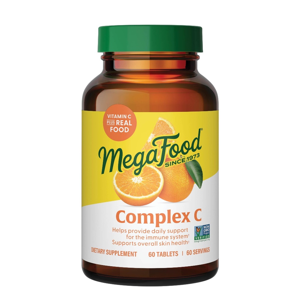 MegaFood Complex C - Wegański suplement wsparcia immunologicznego z witaminą C 250 mg, Made with Real Food Including Orange, Żurawina & Brown Rice, Gluten- Free, Kosher - 60 Tablets, 60 Servings