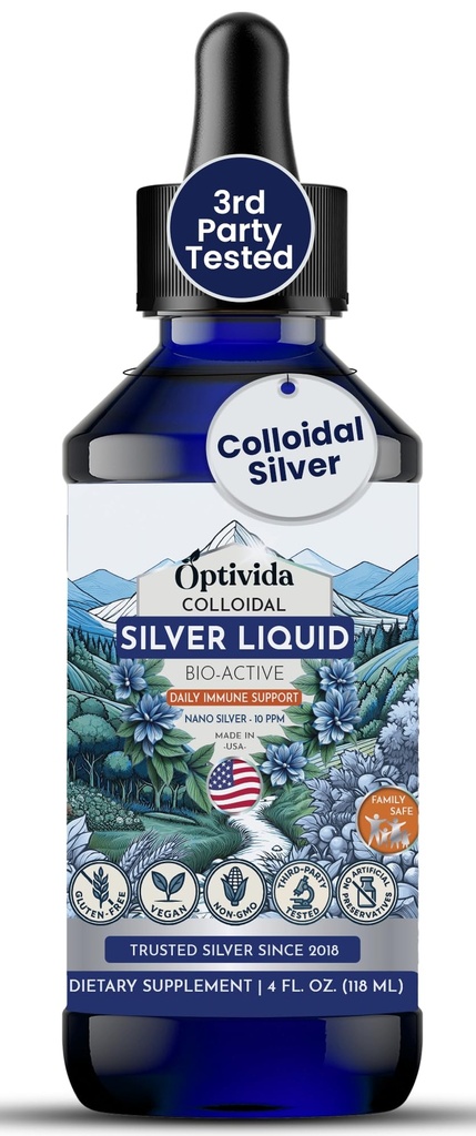 Optivida Health Colloidal Silver Liquid (4 oz) - Premium Nano Silver Colloidal Supplement for Daily Wellness & Immune Support, Natural Liquid Silver Hydrosol for Dorothy & Kids, Non-GMO, Gluten- Free