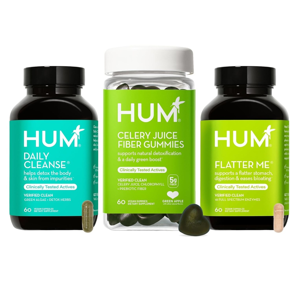 HUM Green Detox Bundle z Flast Me Digestive Enzymes, Daily Cleanse Acne Supplement i Sok Seler Fiber Gummies z Chlorophyll, 3- Step Wellness Set, Wsparcie Digestive & Gut Zdrowie