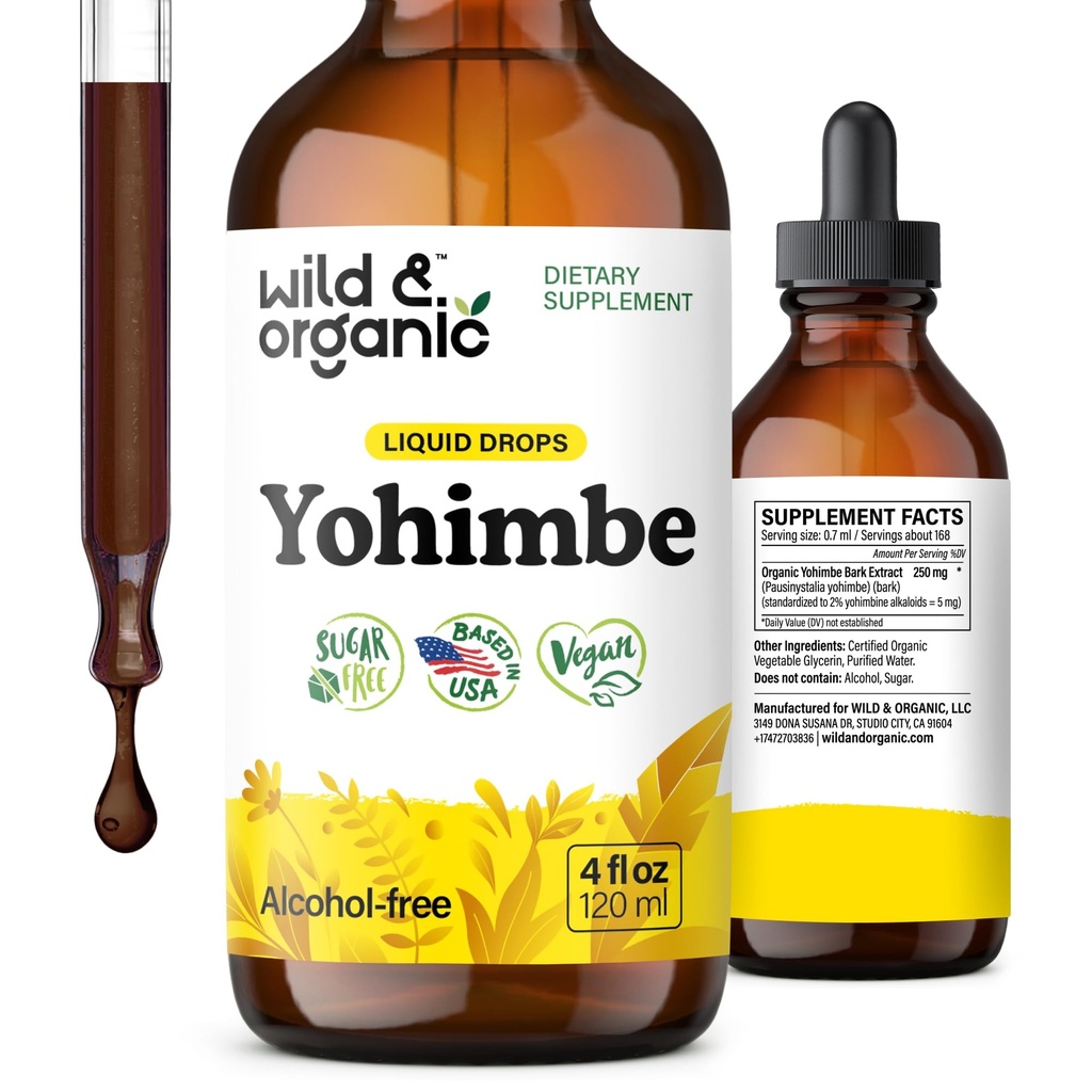 Wild & Organic Yohimbe Supplements for Men & Women - 5 mg Yohimbine Extract Tincture - Wolny od alkoholu Yohimbe Bark Drops - Vegan, Non-GMO & Sugar- Free - 4 fl oz