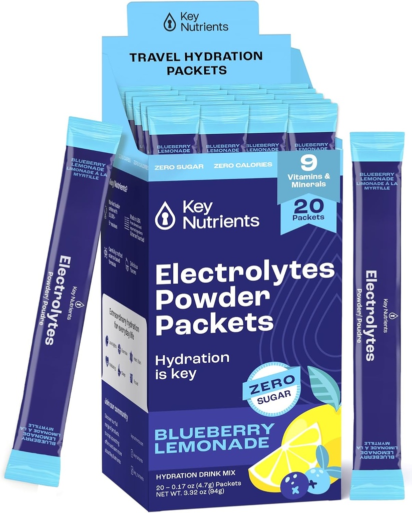 KLUCZOWE NUTRIENTY Multivitamin Electrolytes w proszku Pakiety - Pyszne Blueberry Lemonade 20 Pakiety nawadniania - Podróże Hydration Powder - Nie cukier, Nie kalorie, Gluten Free - Made in USA