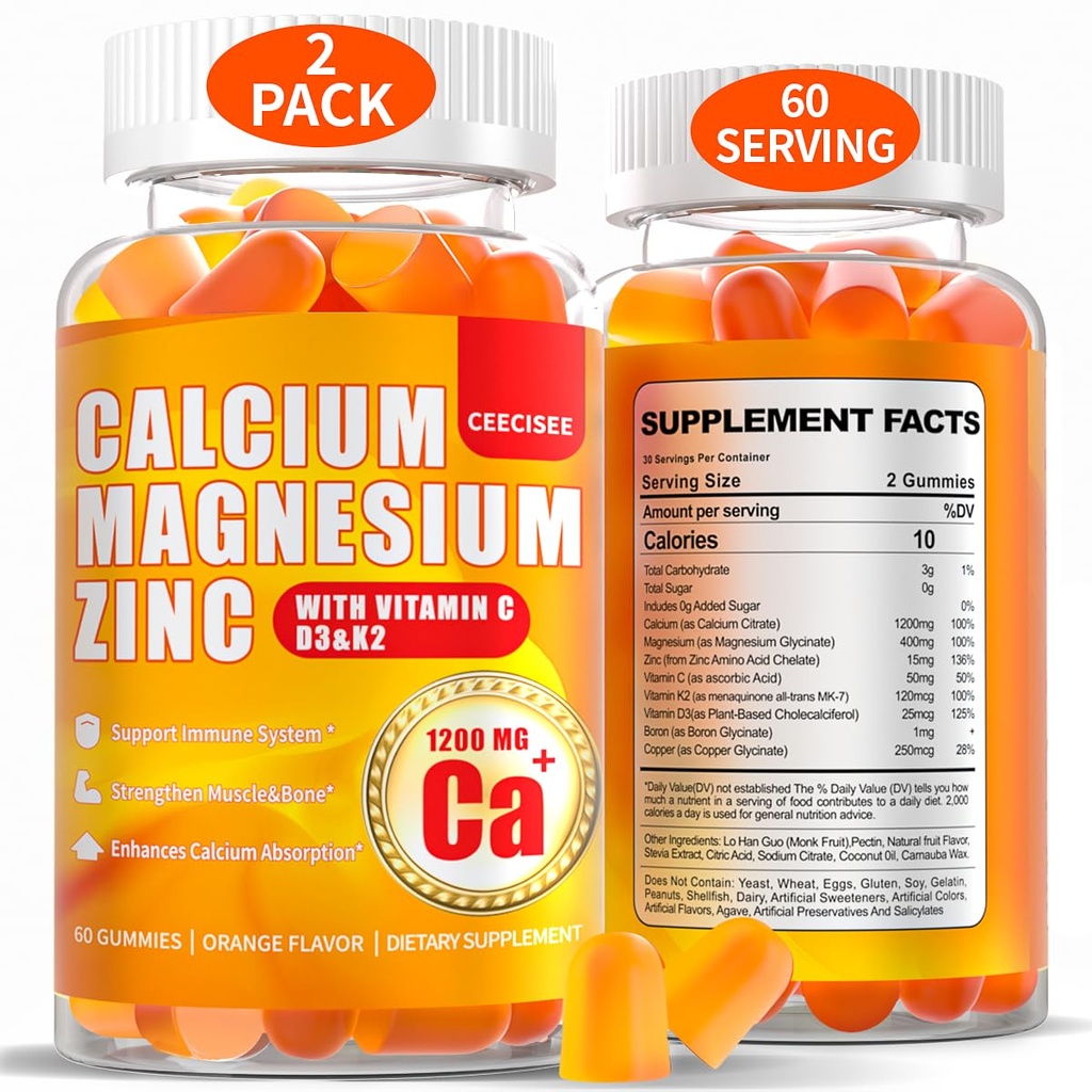 Gummy magnezowe wapnia dla kobiet: 1200mg Gummy cynkowe wapnia z witaminą C D3 K2 - Wegański cukier wolny do żucia Wysoka absorpcja Eggy suplement wsparcia immunologicznego (120Count)