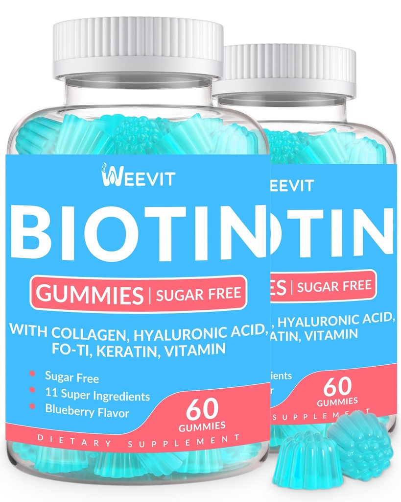 Bezcukrowe Gummeje Biotin, Gummeje Biotin i Kolagen z keratyny, Kwas hialuronowy dla kobiet i mężczyzn 124; Wzrost włosów, Świecące skóry i silne paznokcie 124; Suplement witaminy B7, Nie-GMO, Chewable