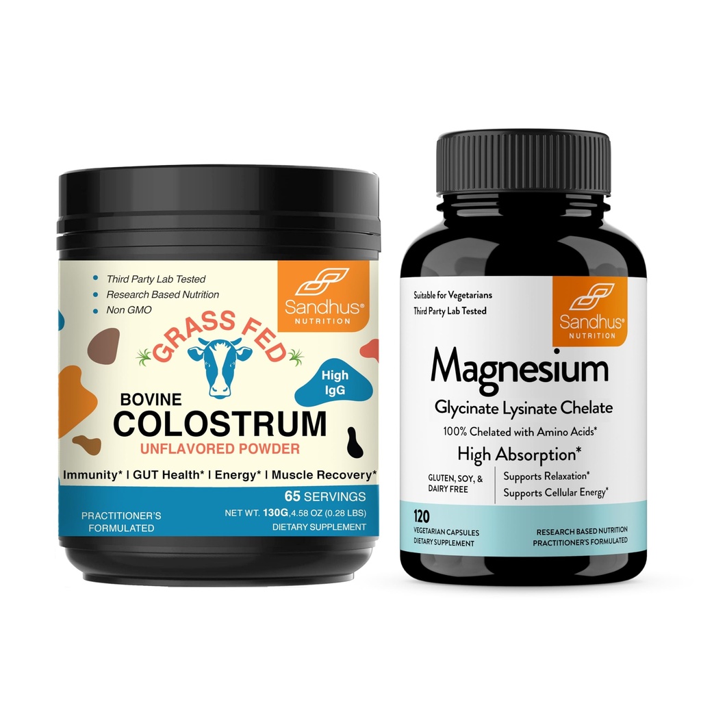 Sandhu 's Bovine Colostrum Proszek & Magnezu Glicynian Lizynat Kapsułki 124; Pomaga Gut, immunologiczne Heath & Sleep Wsparcie