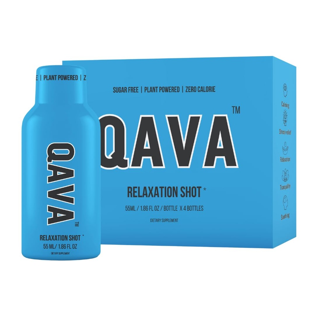 QAVA Relaxation Shots - Kava Kava - 450MG Kavalactones - Bez cukru, Zero Calories - 55 ml każdy - Opakowanie po 4