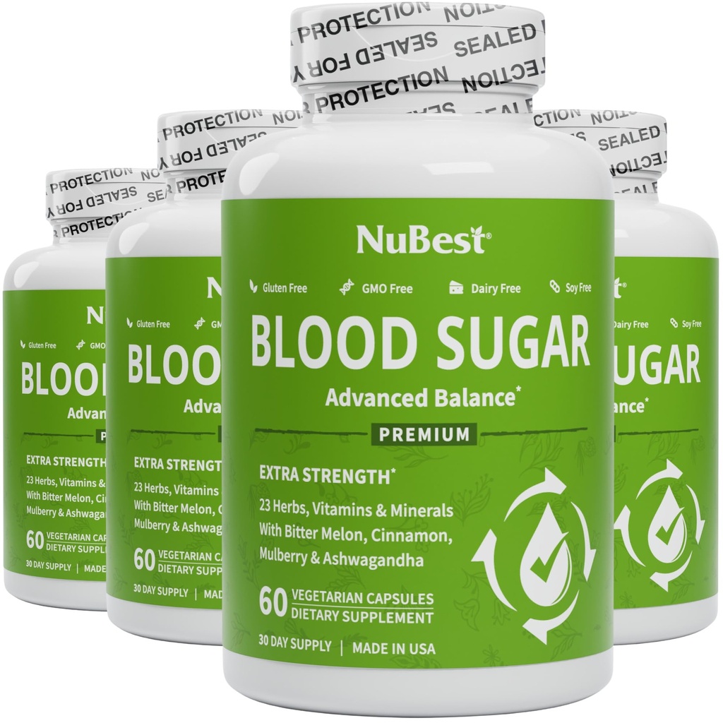 NuBest Blood Sugar - Formuła Premium z Gorzką Melon, Ashwagandha, Cynamon, Chrom, Magnez, Witaminy, Kwas lipowy alfa, Pieprz Cayenne - Wsparcie Zdrowy Cukier Krew - Pack 4