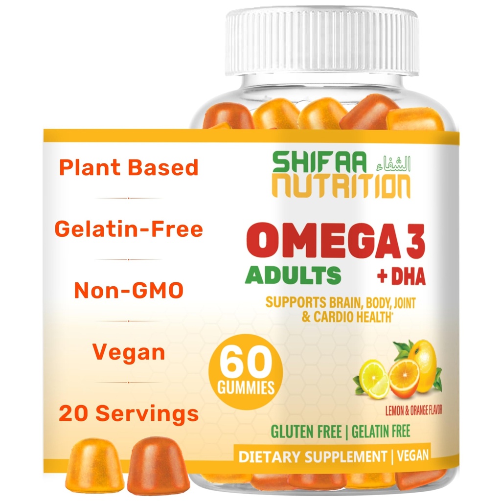 SHIFAA NUTRITION Vegan Omega 3 Gummies dla dorosłych 124; No Fish Oil Burps 124; 60 Gummies Yellow 124; Plant Based w / Chia Oil, Algae Yellow 124; Omega 3 6 9 w / DHA, Witamina C Yellow 124; for Brain, cardioviral & Immune Support Halal