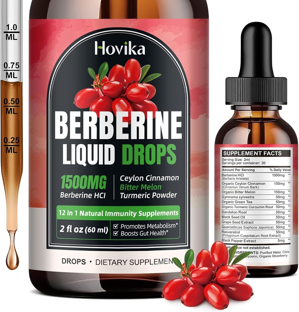 Berberine HCL Liquid Drops - 1500 mg Wysokochłonne Berberyjskie płynne Dropy - Berberine Veggie Suplement dla immunologicznego, systemu trawienia i wsparcia zdrowia serca, Strawberry Flavor- 2 FL Oz